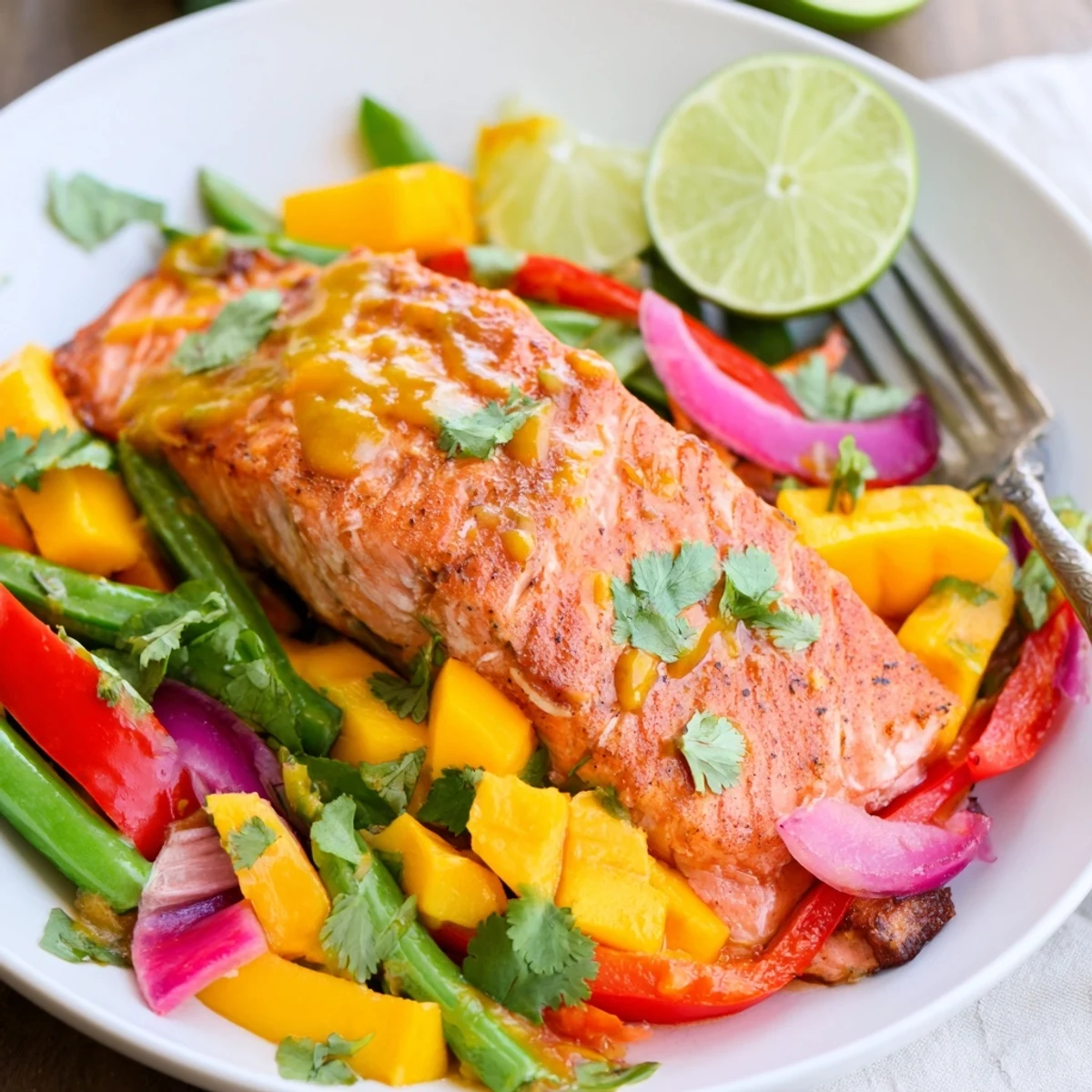 Vibrant Mango Lime Salmon Sheet Pan, bursting with tropical flavors and colorful veggies.