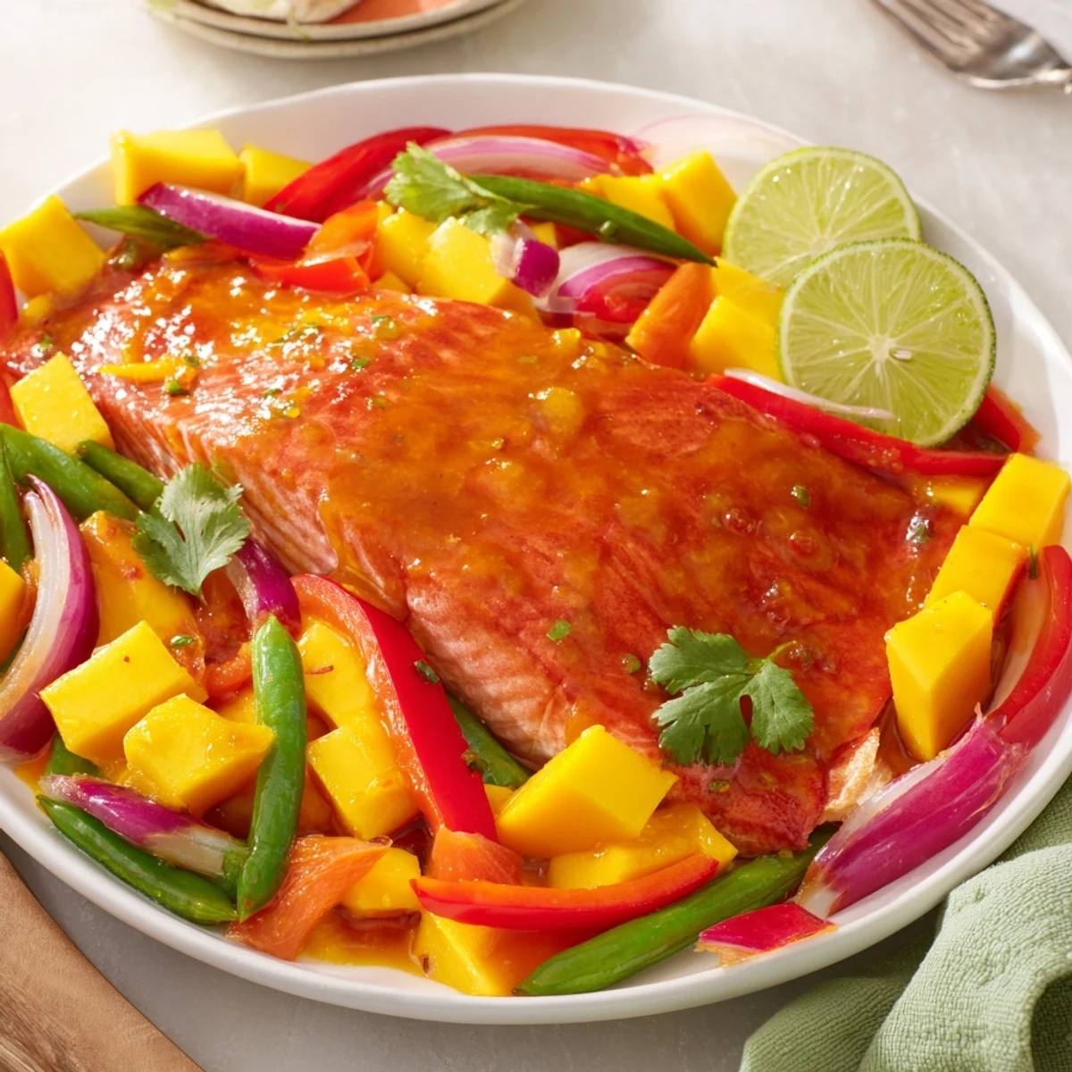 Succulent salmon fillets drizzled with mango lime sauce, perfect for a quick dinner.