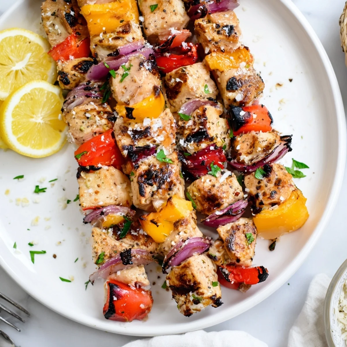 Juicy Garlic Parmesan Chicken Kabobs grilled to perfection, served with vibrant veggies.  
