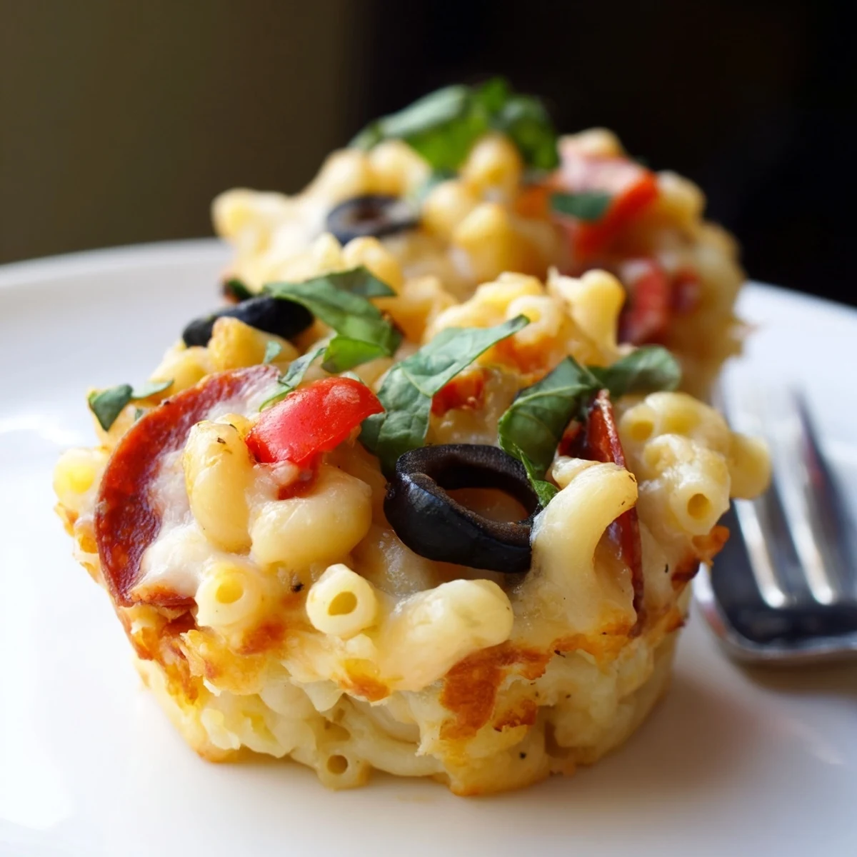 Delicious Mac and Cheese Alfredo Pizza Muffins bursting with cheesy goodness and pepperoni bits.  