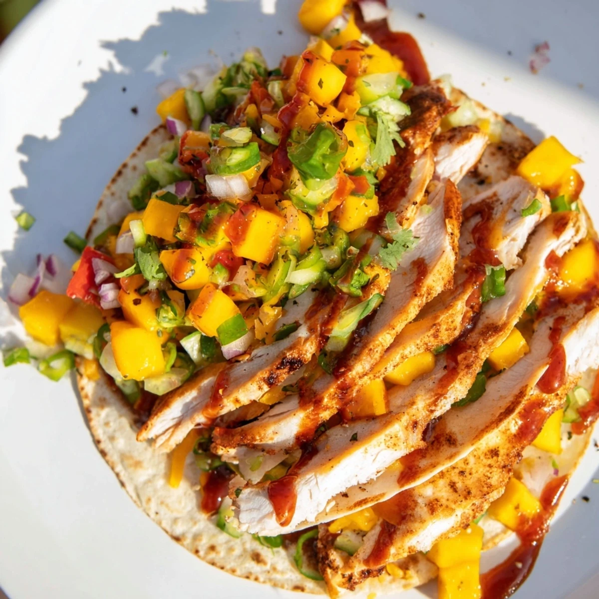 Savor the fusion of mango BBQ chicken in warm, crispy tortilla stacks bursting with flavor.