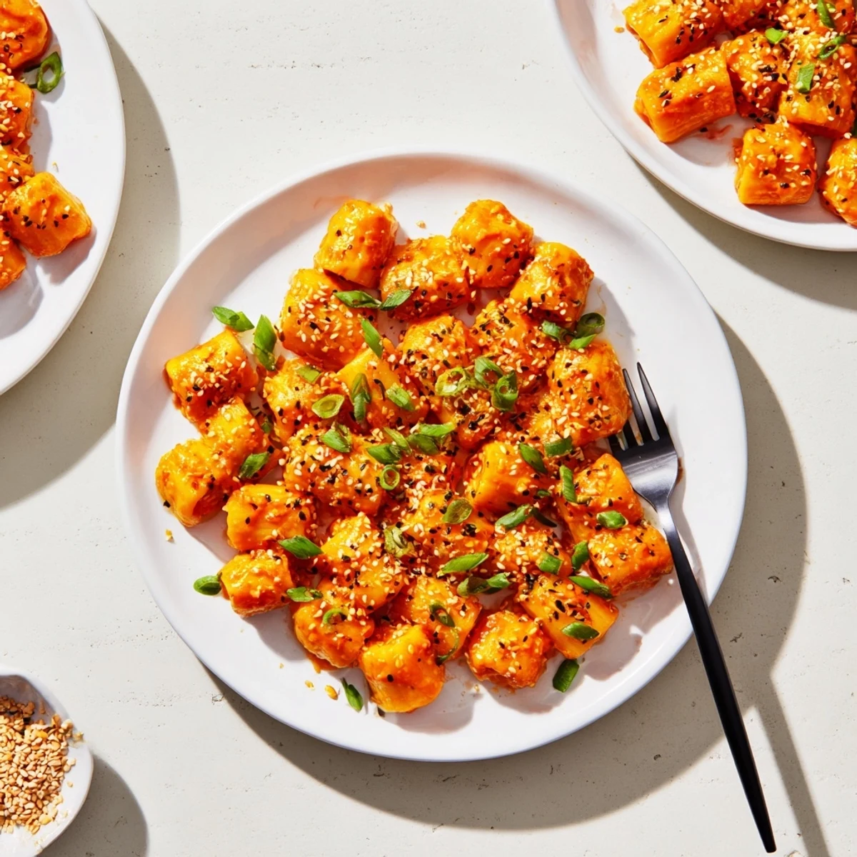 Crispy Japanese Chili Miso Pasta Bites garnished with green onions and sesame seeds.  
