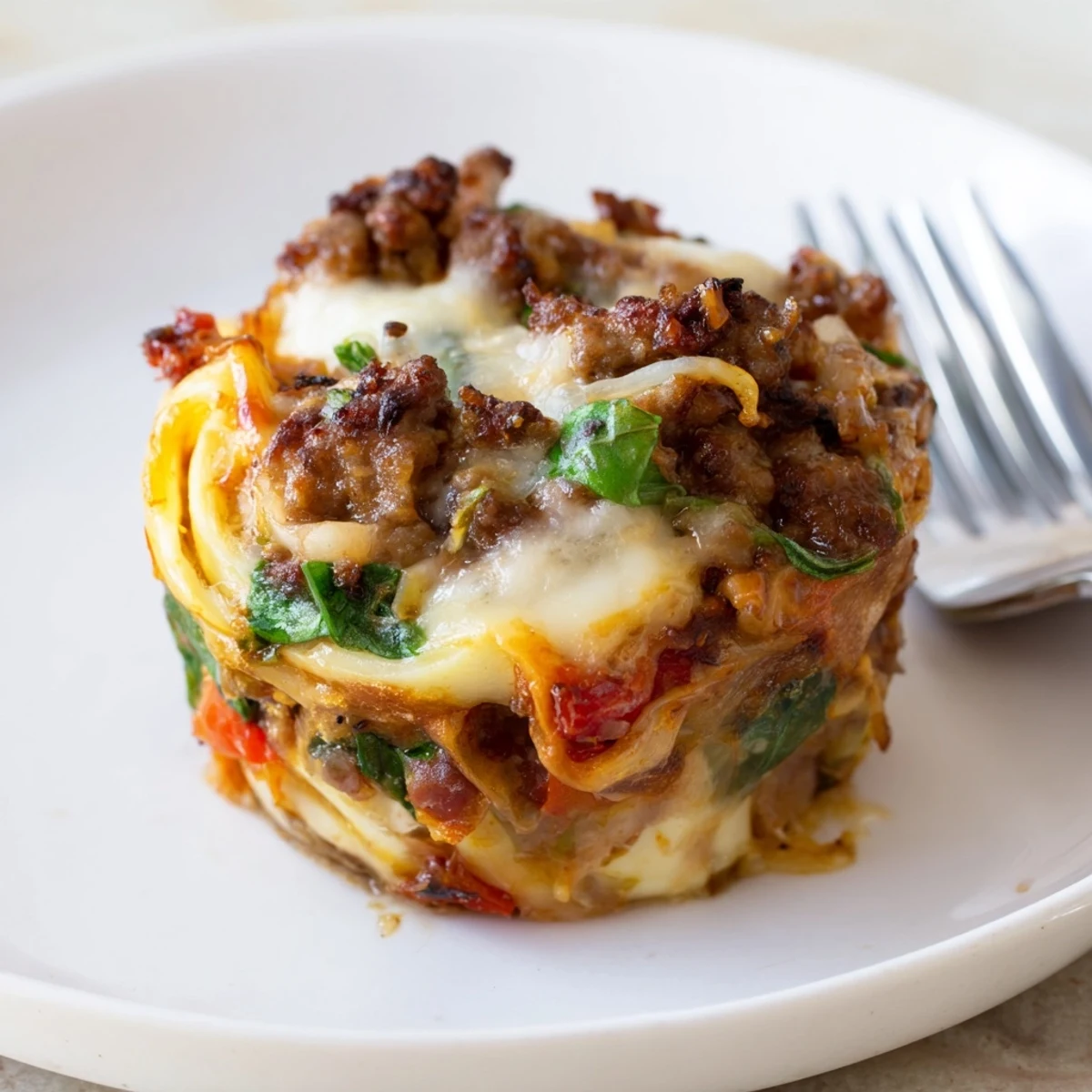 Irresistibly fluffy Spicy Lasagne Soup Egg Muffins topped with fresh basil and melted cheese.