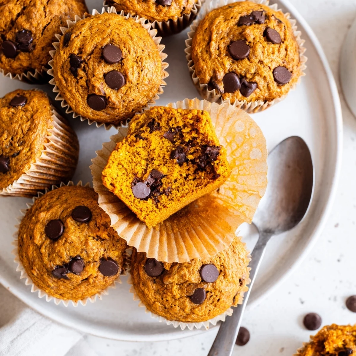 Moist vegan pumpkin chocolate chip muffins topped with rich chocolate for a cozy treat.  