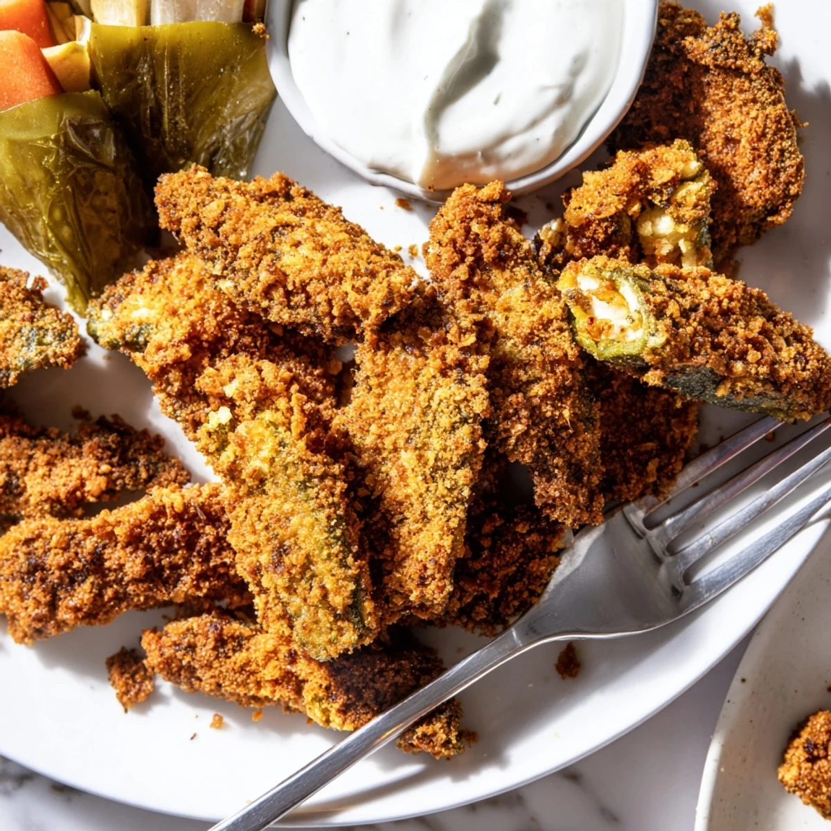 Crispy fried pickles served with colorful pickled vegetables on a rustic platter.  