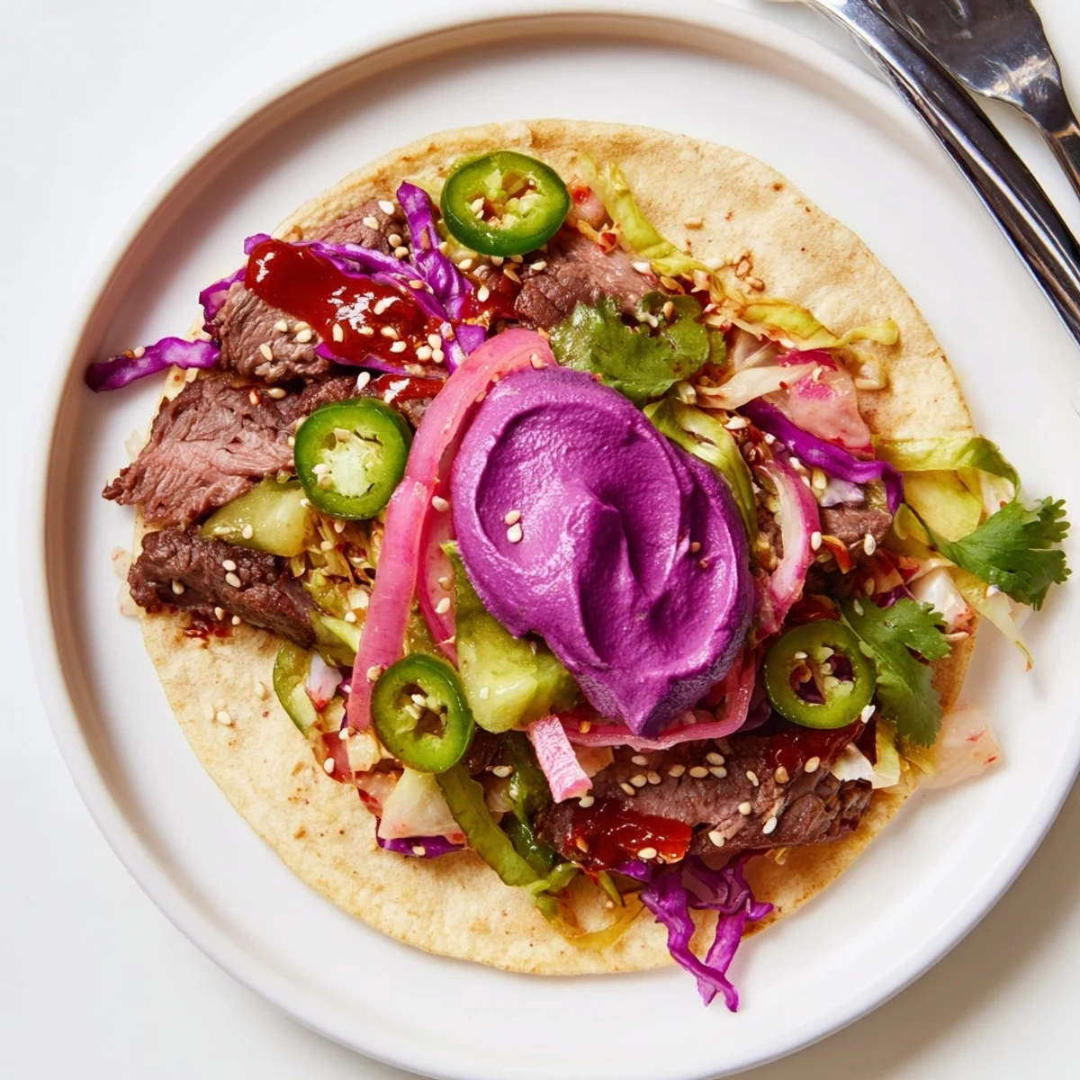 Flavor-packed Global Street-Food Fusion Bowls with ube crema and fresh veggies, perfect for sharing.  