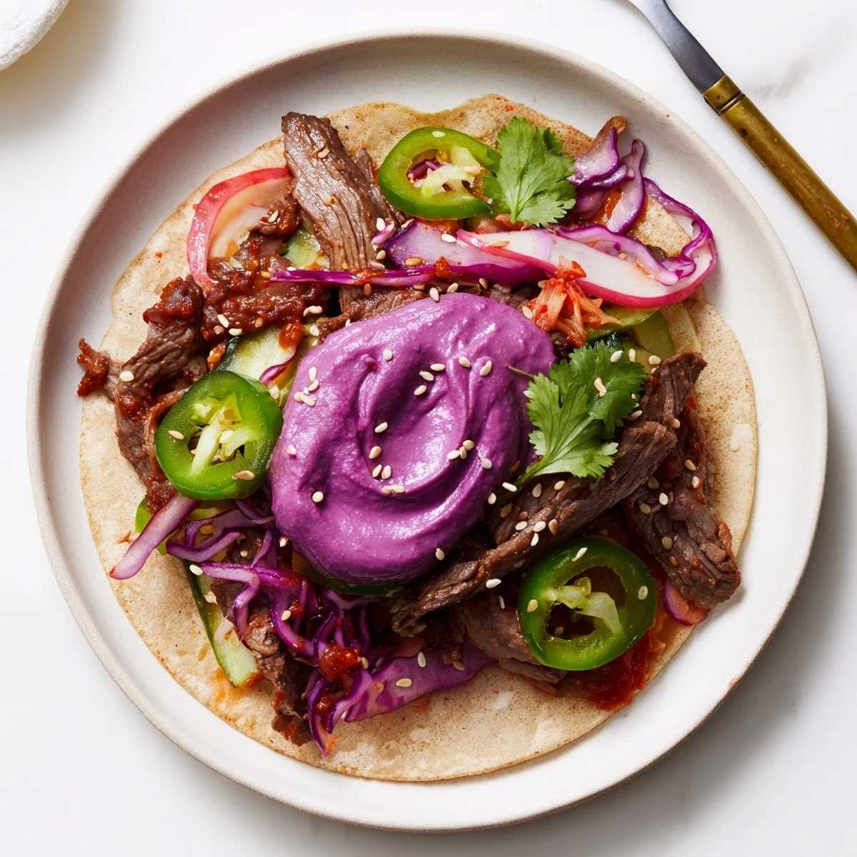 Sizzling Global Street-Food Fusion Tacos elegantly layered with kimchi and ube crema for a unique bite.