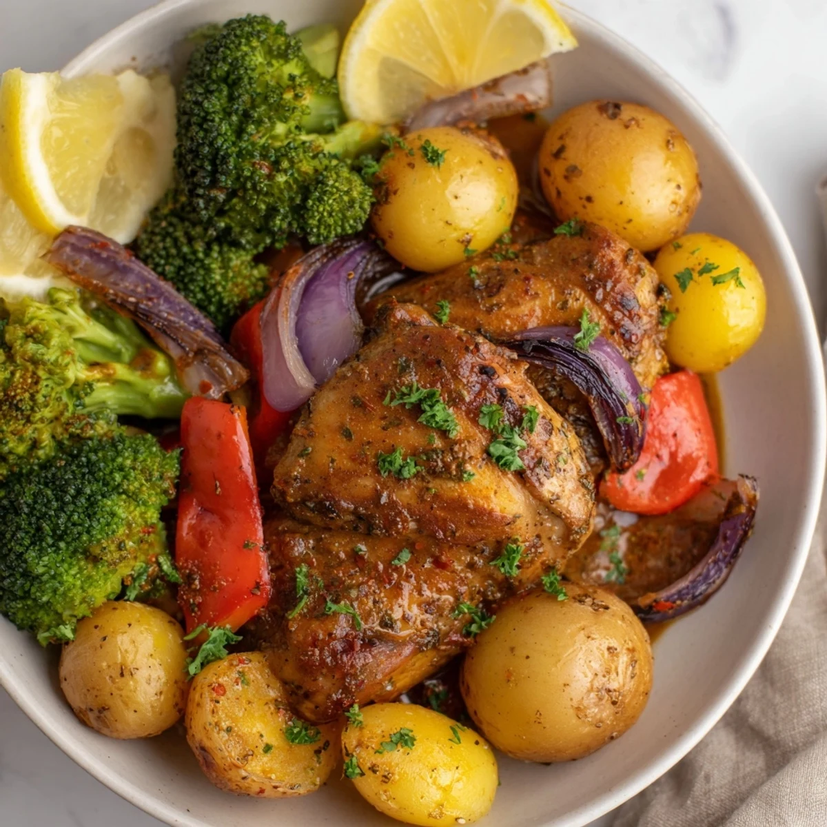 Tender Lazy Gourmet Chicken & Vegetable One-Pot dish served with vibrant lemon wedges.  