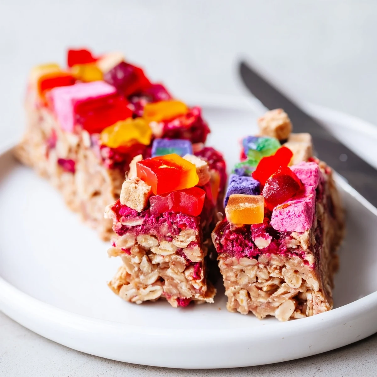 Chewy DIY snack bars topped with colorful homemade gummies and freeze-dried fruits.  
