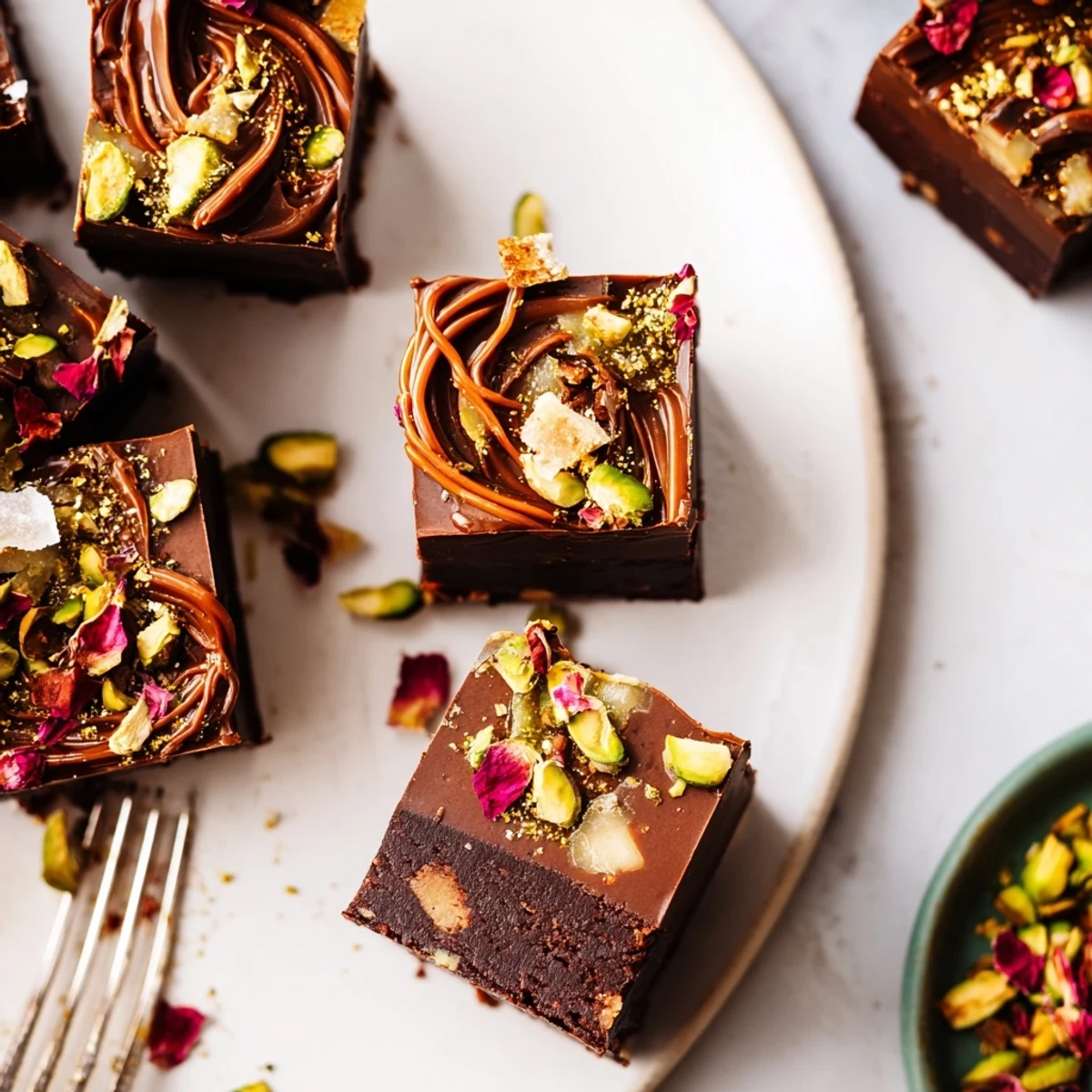 Luscious chocolate bar inspired creations garnished with edible gold and aromatic coconut flakes.