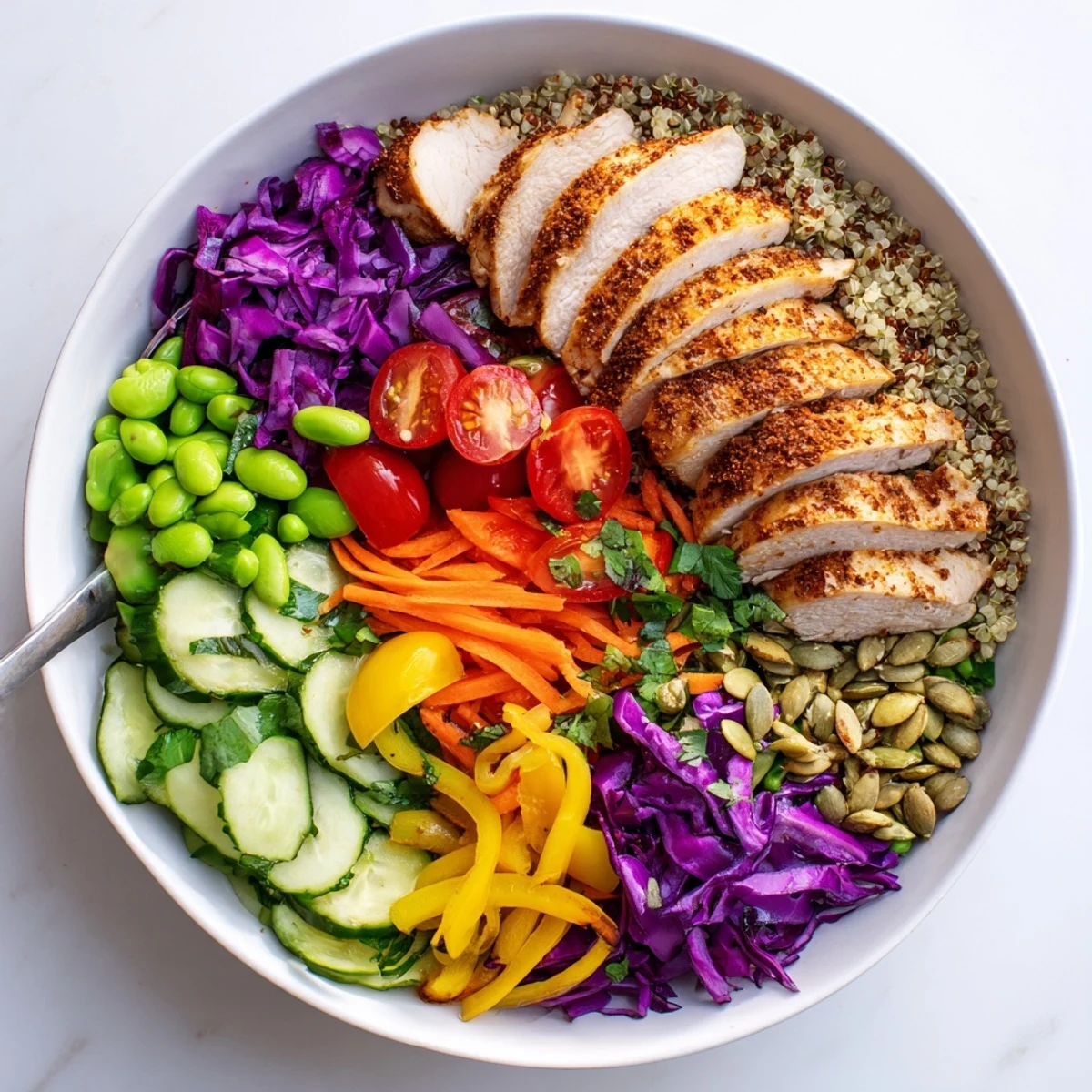 Colorful Healthy Meal-Prep Bowls featuring quinoa, vibrant veggies, and grilled chicken.  