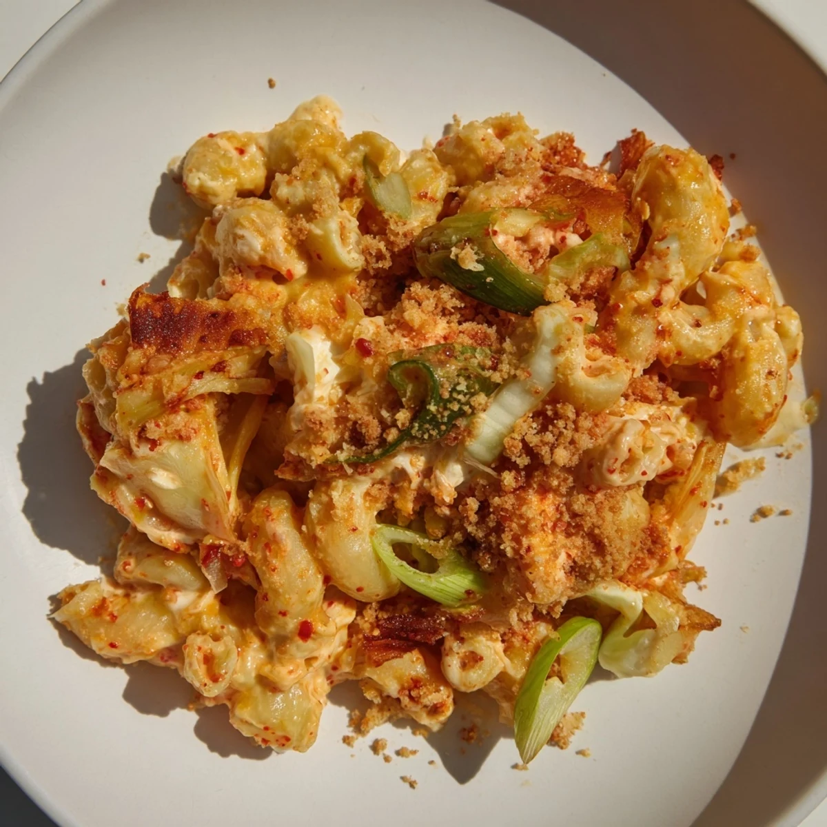 Bold Spicy Kimchi Mac & Cheese topped with crunchy sesame, perfect for cozy dinners.  