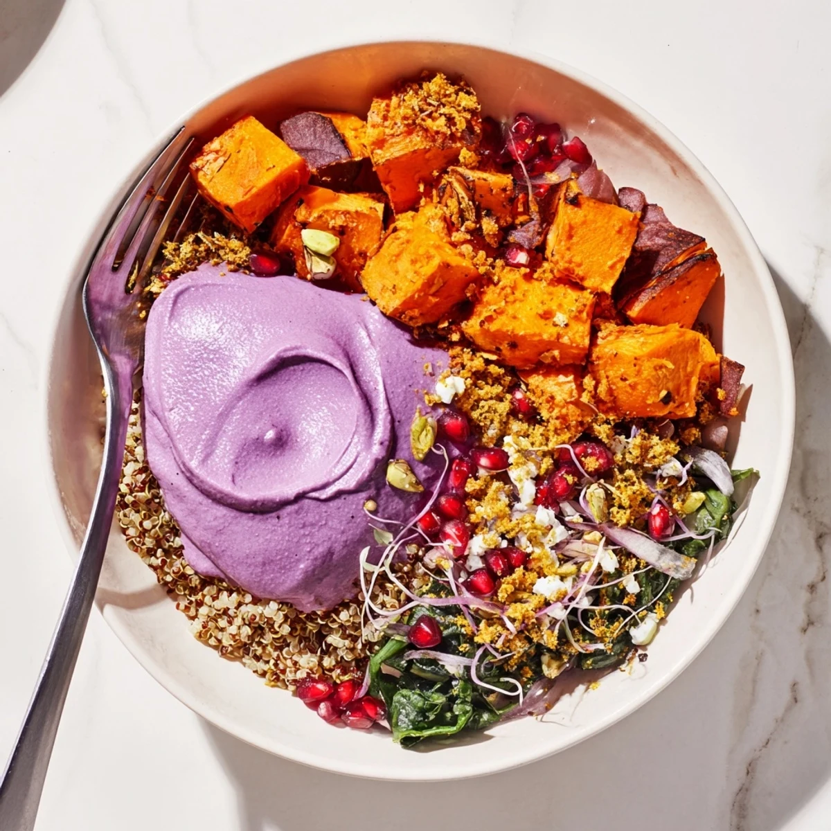 Warm, comforting spiced winter bowls topped with crunchy pistachio-maple crumble.  