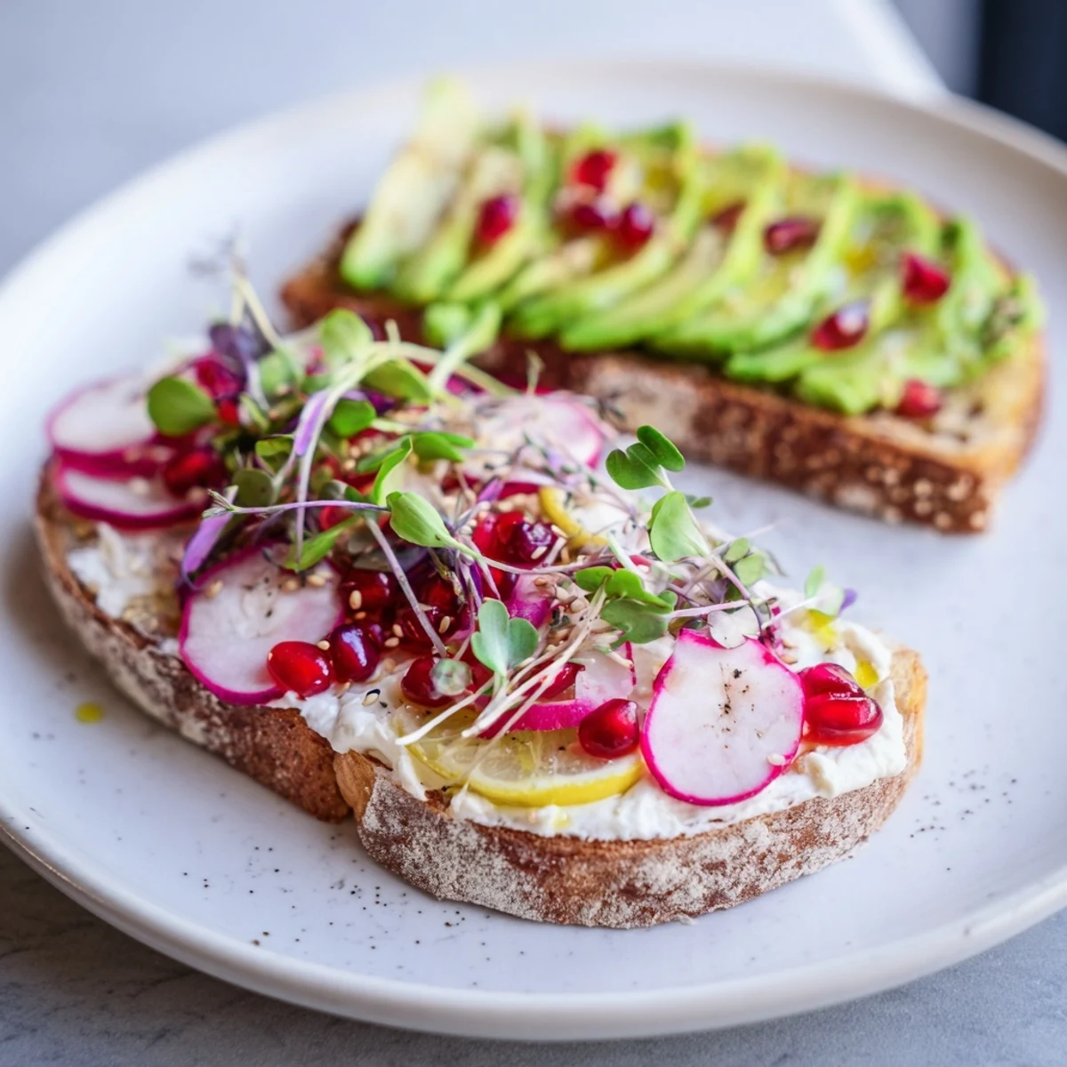 Deliciously layered Bright & Bold Breakfast Toasts adorned with pomegranate seeds and microgreens.