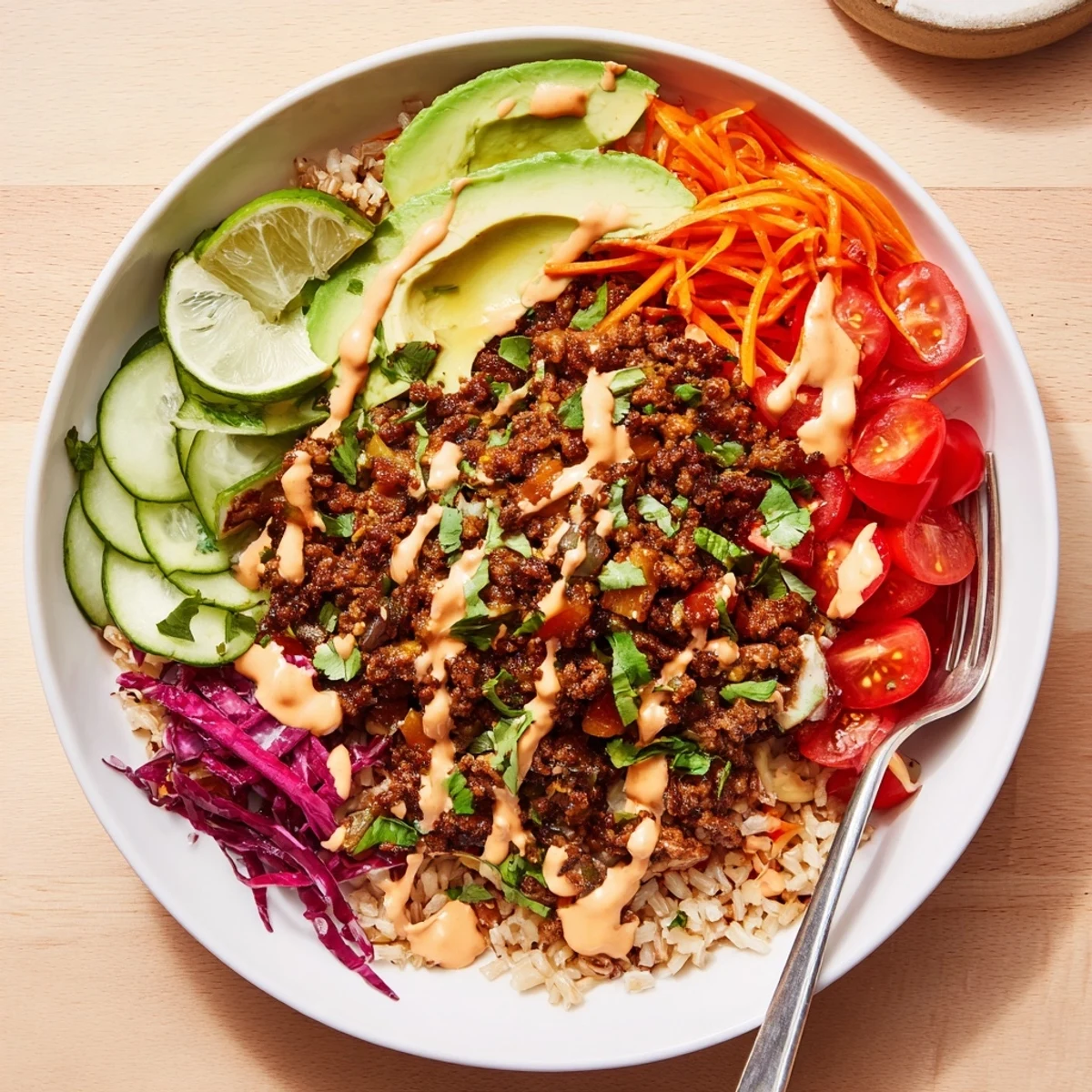 A colorful plant-based meat bowl topped with fresh veggies and spices.  