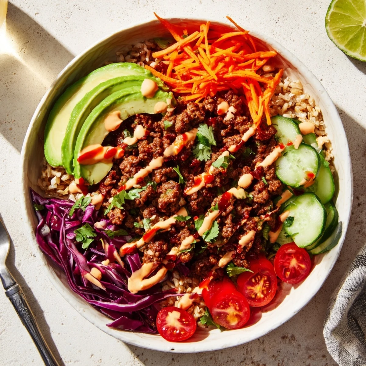 Savory plant-based meat bowl with brown rice, avocado, and zesty lime sauce.