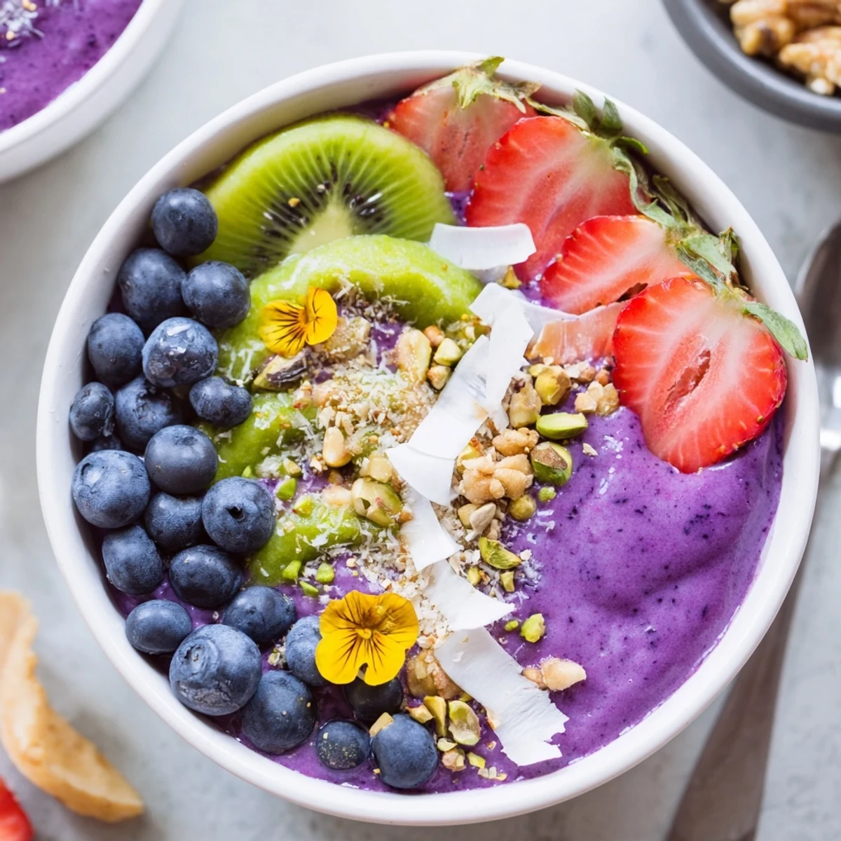 Vibrant Smoothie Bowls with Unexpected Twists, topped with colorful fruits and nuts.