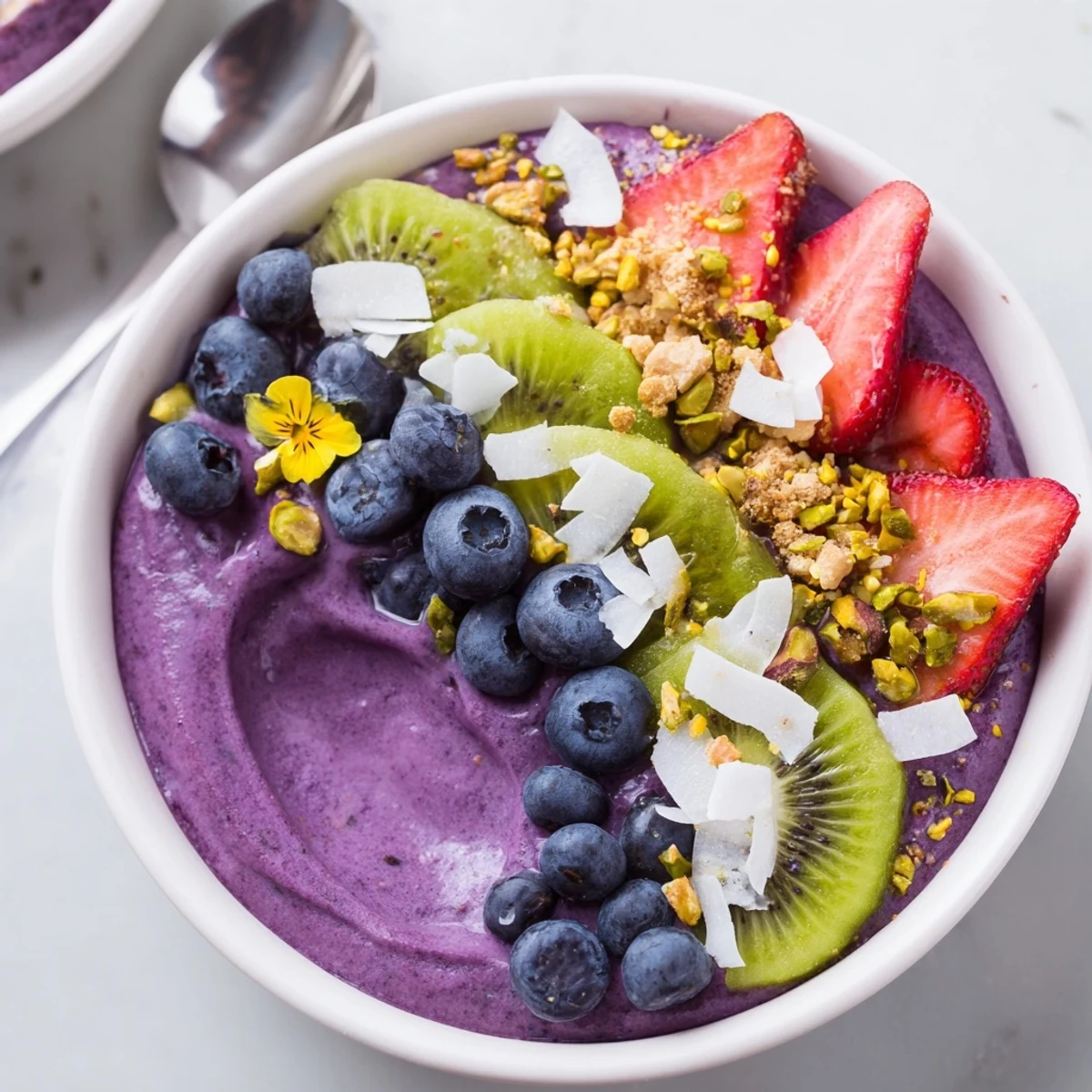 Colorful smoothie bowl featuring creamy purple yam and pistachio, decorated with fresh berries. 