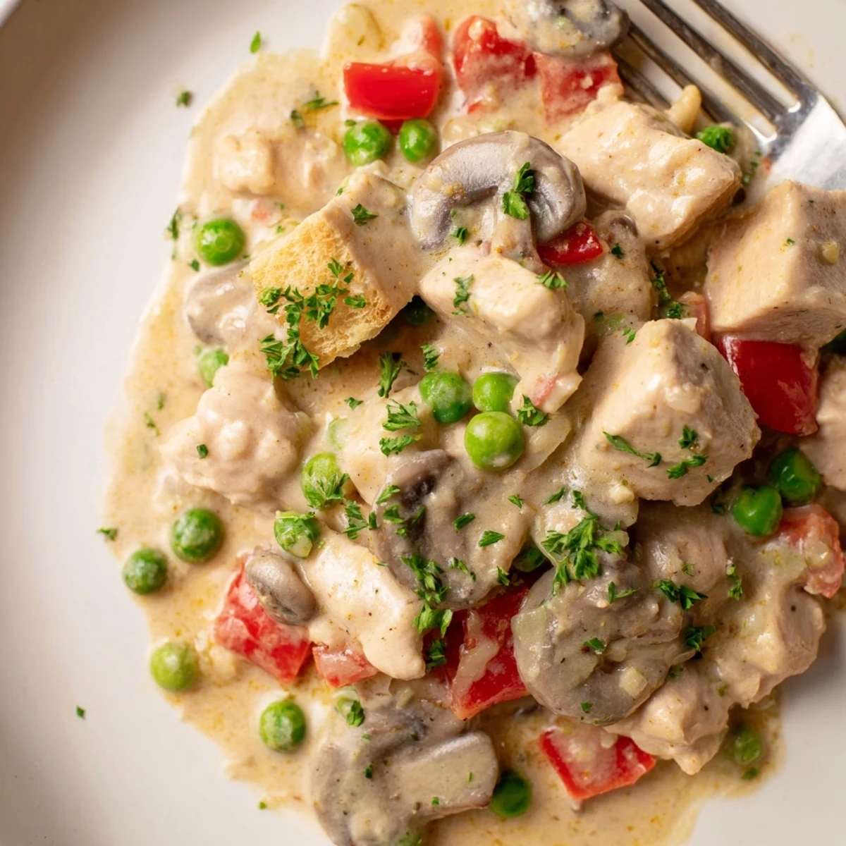 Delicious Chicken à la King dish featuring mushrooms and peas atop crispy toast.