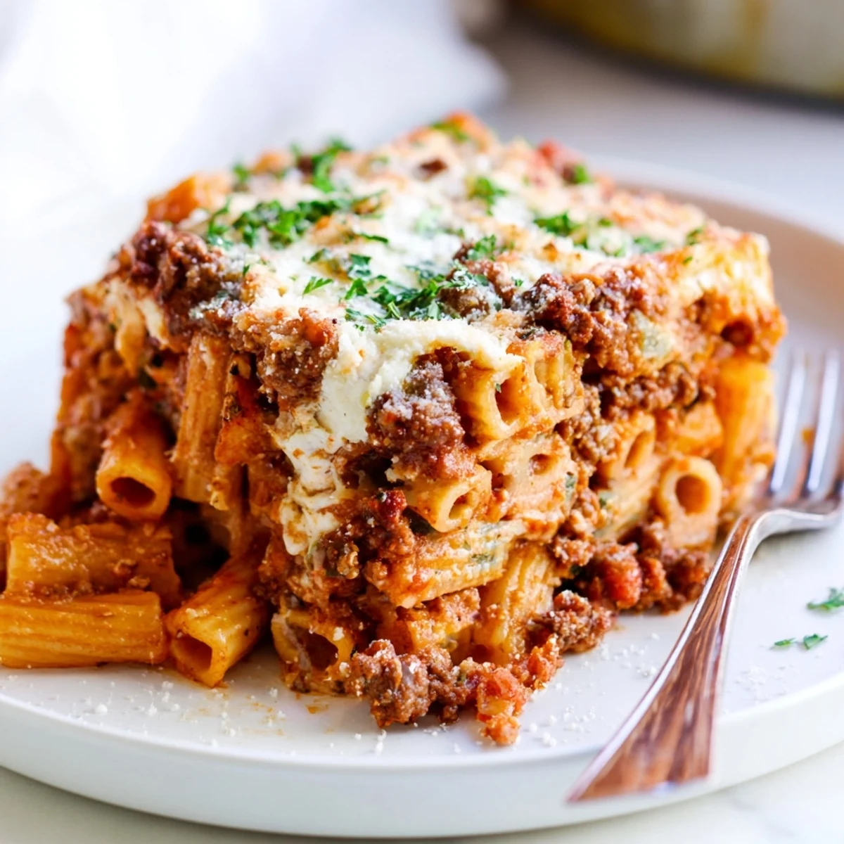 Comforting Baked Ziti with Meat Sauce served in a warm casserole, ideal for gatherings.