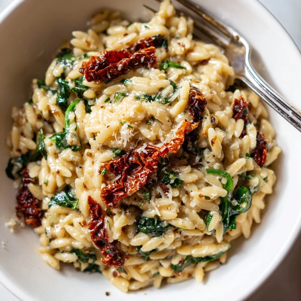 Rich Creamy Tuscan Orzo Bowl topped with fresh spinach and sun-dried tomatoes.  