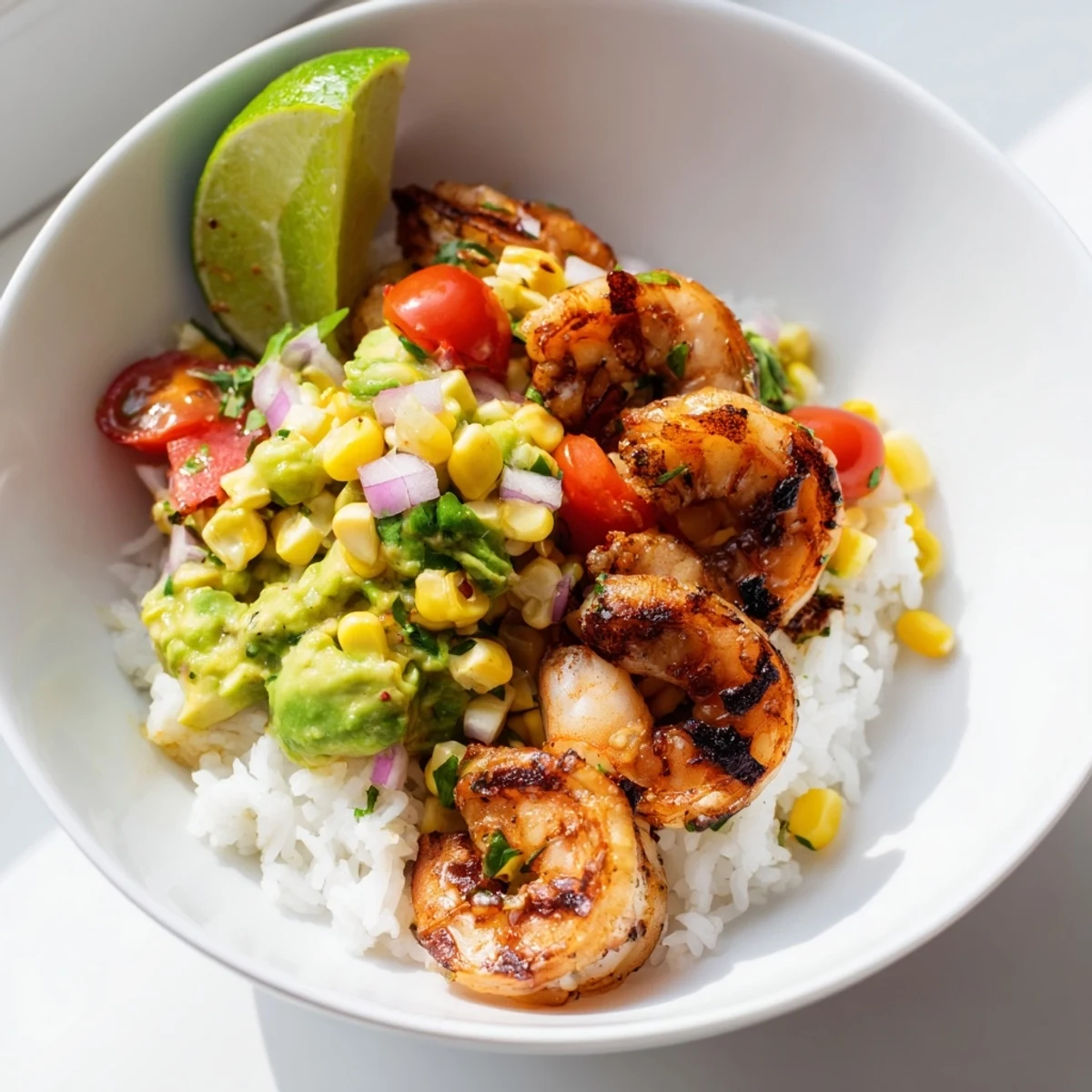 Juicy grilled shrimp bowl topped with vibrant avocado corn salsa and lime.  