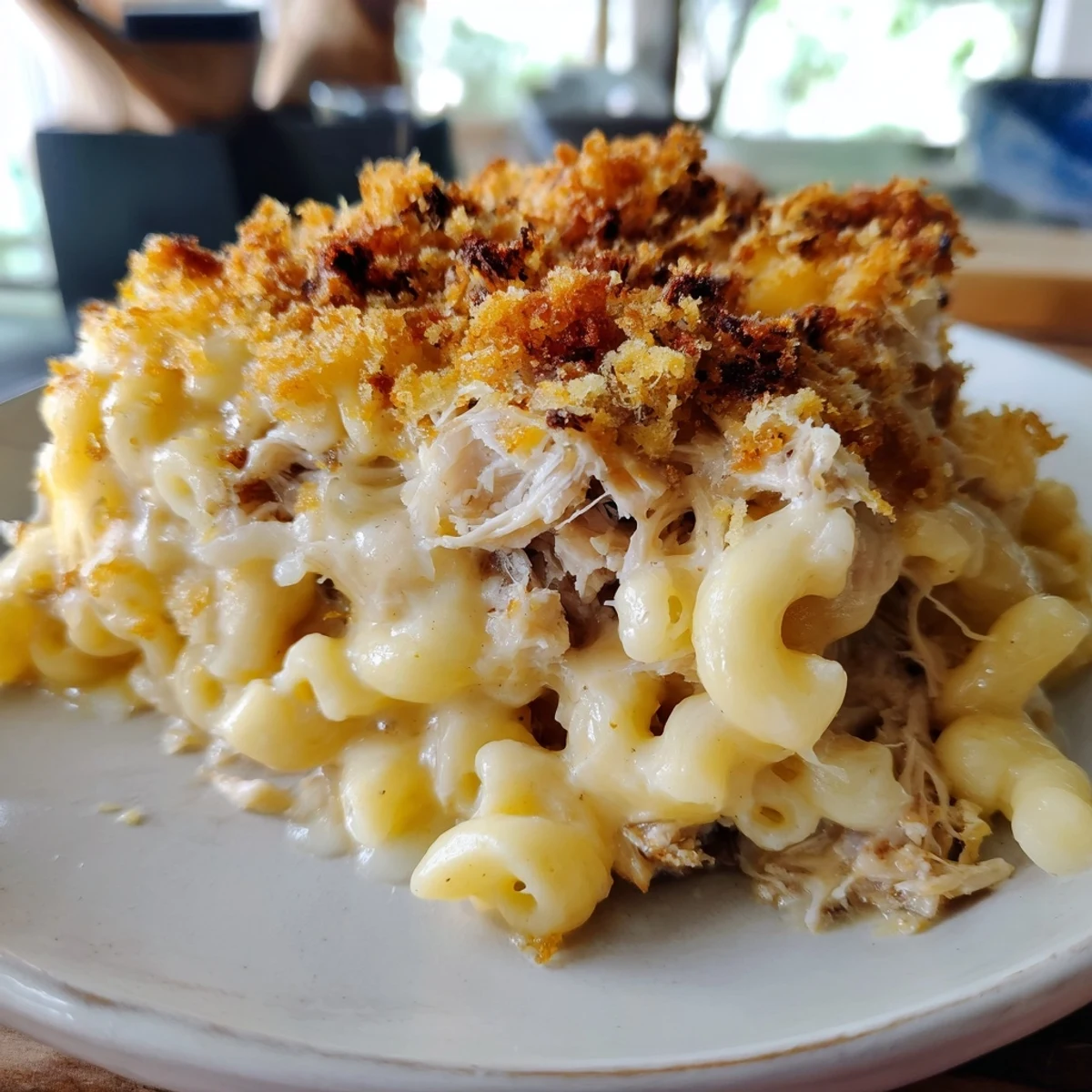 Creamy Classic Mac & Cheese with BBQ Chicken baked until golden and bubbly.  