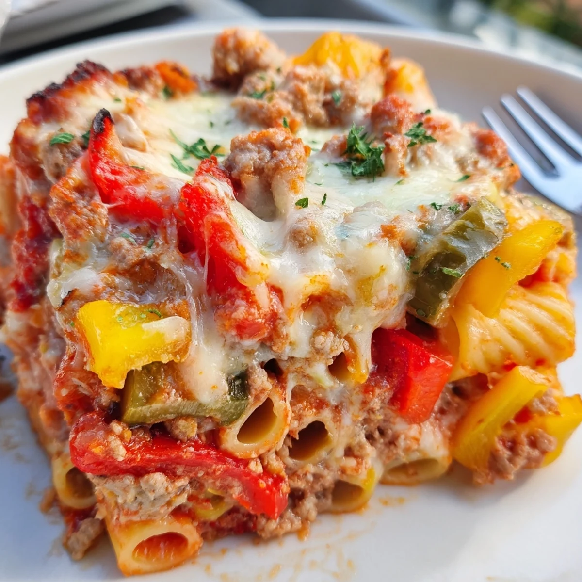 Hearty baked rigatoni with sausage and peppers topped with melted cheese and fresh herbs.  
