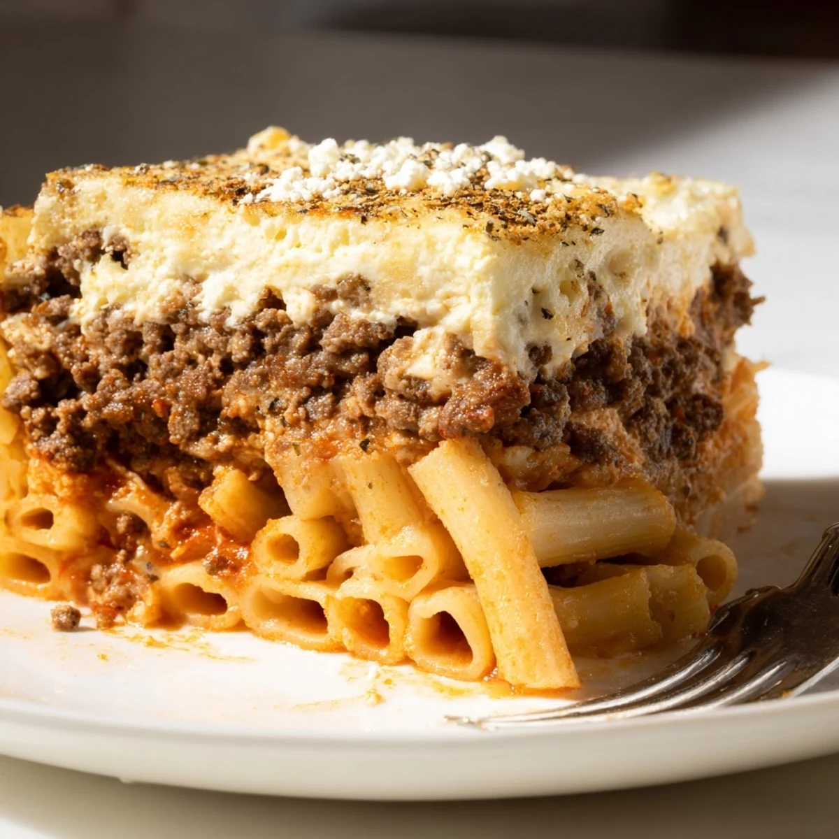 Classic Greek Pastitsio casserole with layers of pasta and rich beef sauce.  