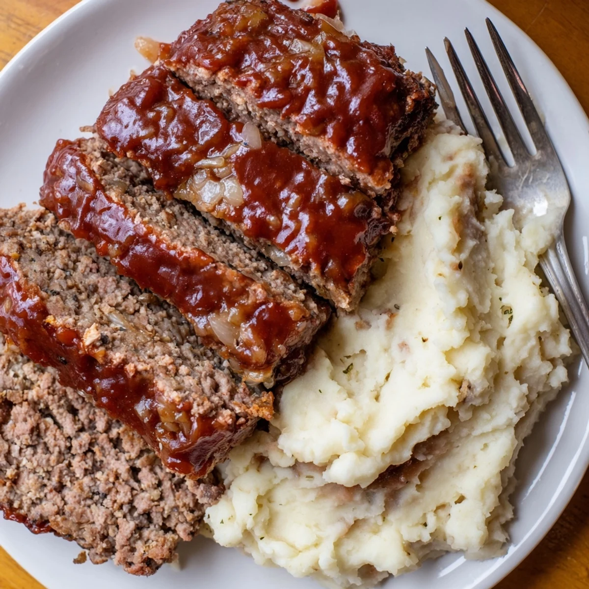 A delicious classic meatloaf topped with sweet glaze and creamy mashed potatoes.  