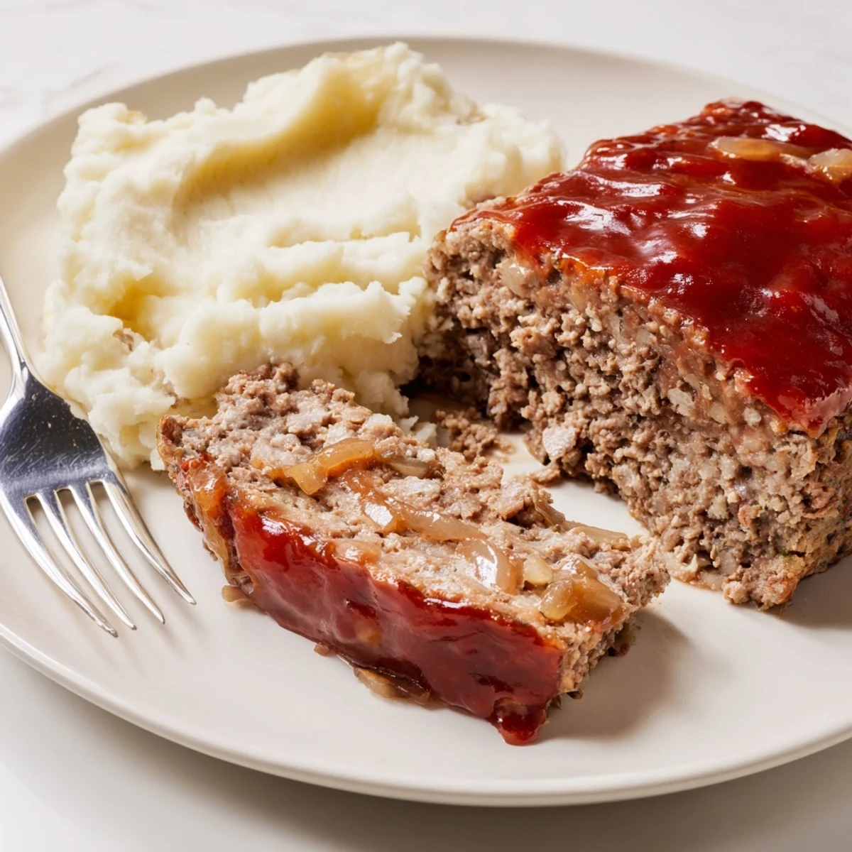 Juicy classic meatloaf accompanied by rich, velvety mashed potatoes on a plate.