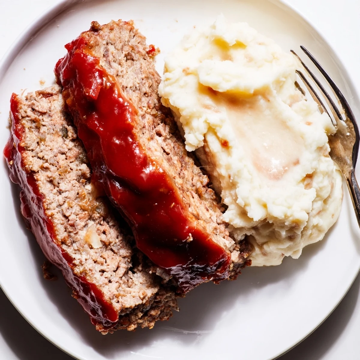 Homestyle meatloaf served with buttery mashed potatoes, perfect for family dinners.  