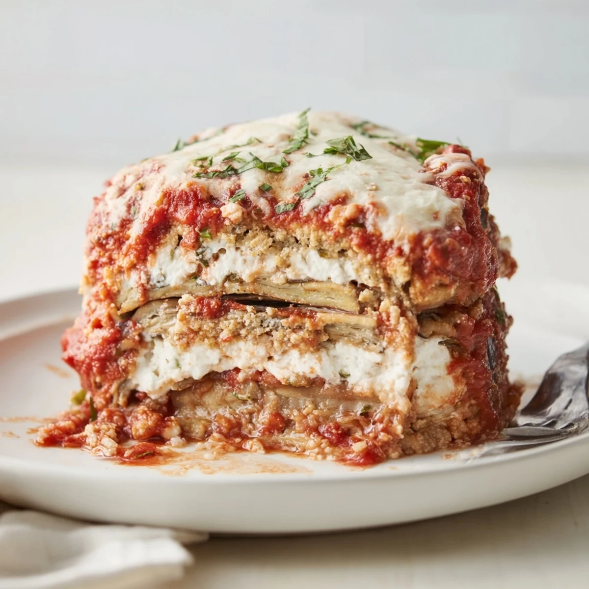 Layers of Eggplant Parmesan Lasagna, with bubbling mozzarella and rich marinara sauce.  