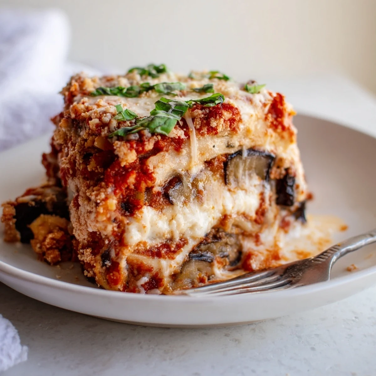 Sliced Eggplant Parmesan Lasagna, showcasing creamy ricotta and tender eggplant layers.