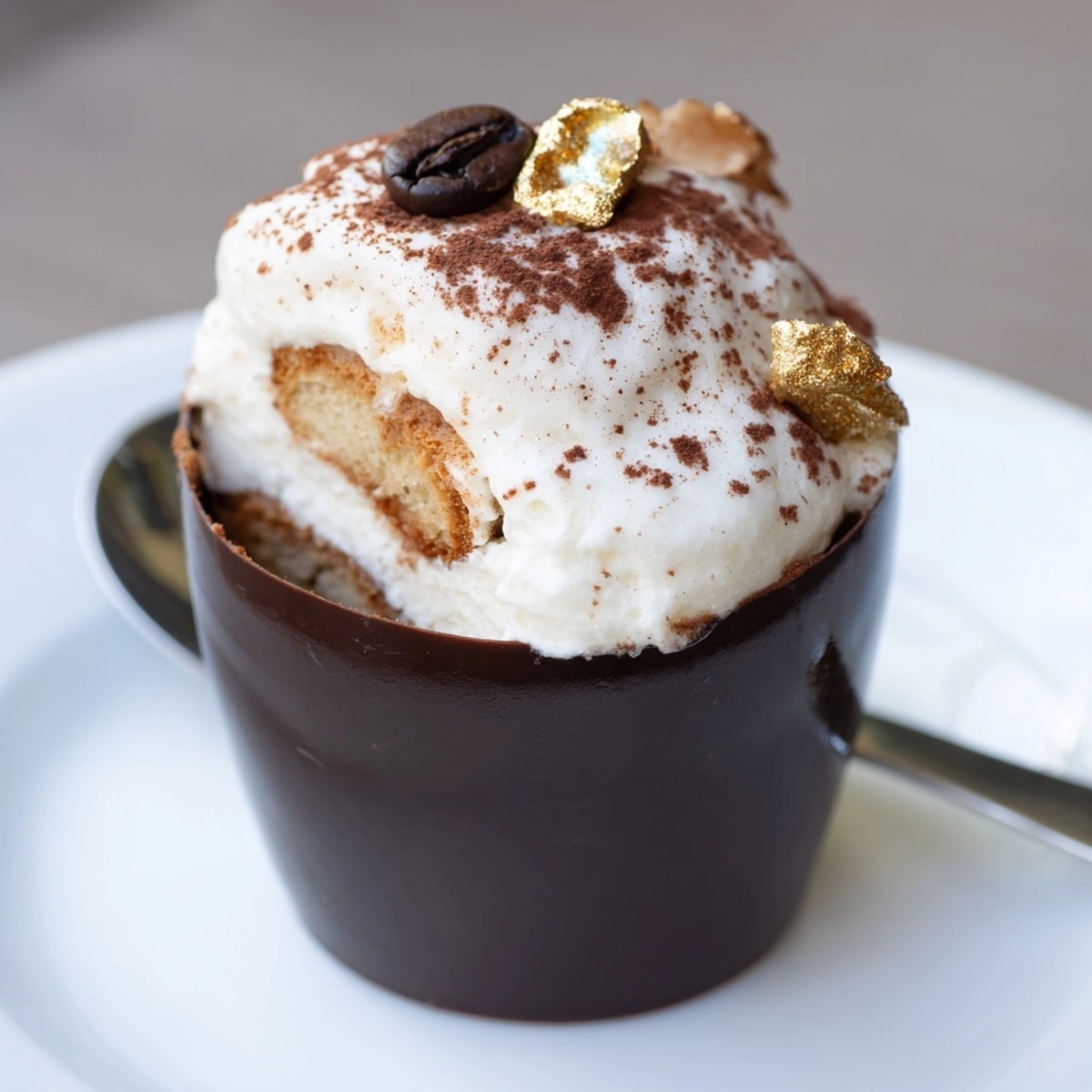 Creamy layered Tiramisu cup: chocolate shell, coffee-soaked ladyfingers, mascarpone cream, dusted cocoa.