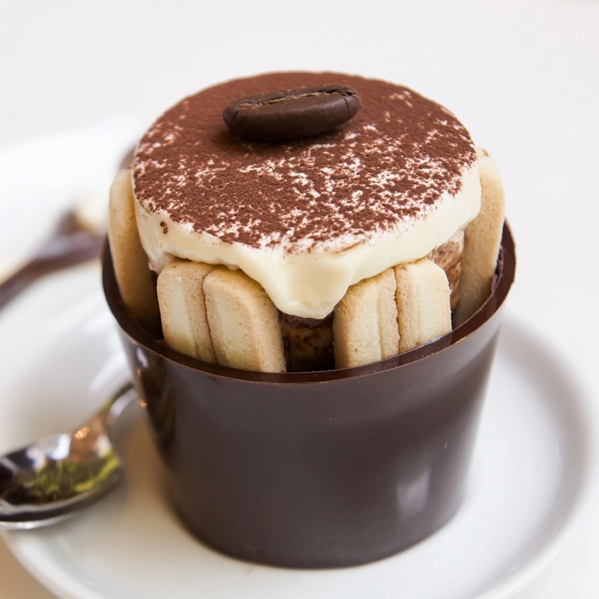 Individual Tiramisu cup dessert featuring delicate cocoa dusting, edible gold leaf, and rich mascarpone cream.