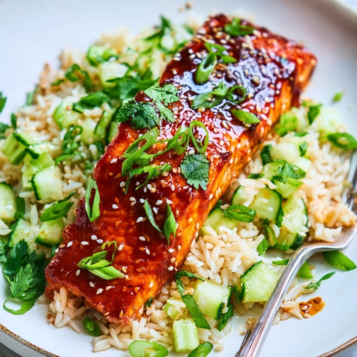 Spicy-sweet sriracha glazed salmon fillets served over fluffy cucumber jasmine rice.  