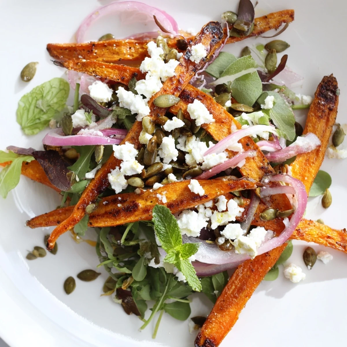 Roasted Carrot & Feta Salad topped with herbs and pumpkin seeds, perfect for summer meals.  