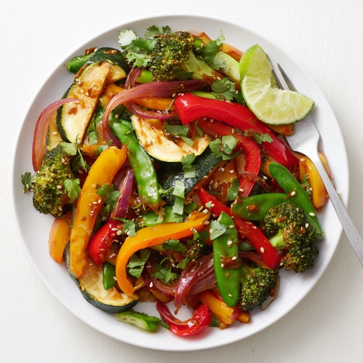 Vibrant Ancho Chile Vegetable Stir-Fry loaded with colorful veggies, garnished with lime wedges.  