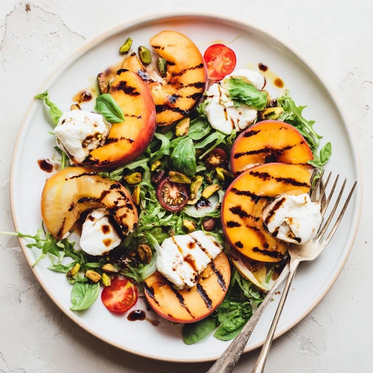 Grilled Peach & Burrata Salad with vibrant colors, drizzled with balsamic glaze and fresh basil.  