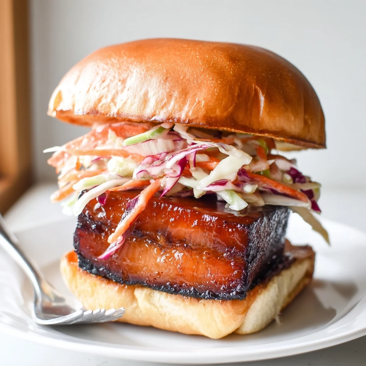 Golden-brown bourbon glazed pork belly sliders drizzled with sweet sauce and crunchy cabbage.  