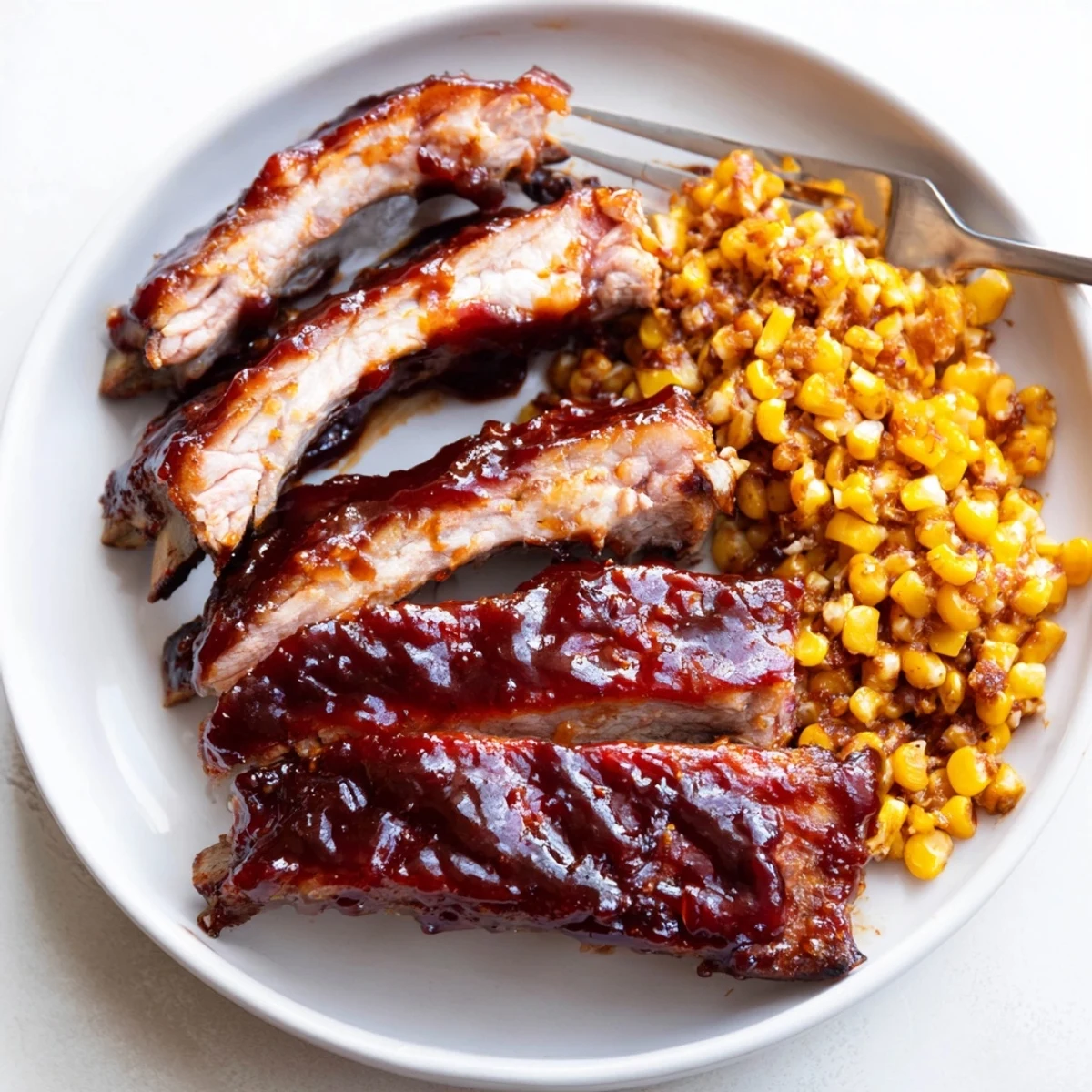 Tender Bourbon BBQ glazed ribs served with crispy sweet corn fries on a platter.  