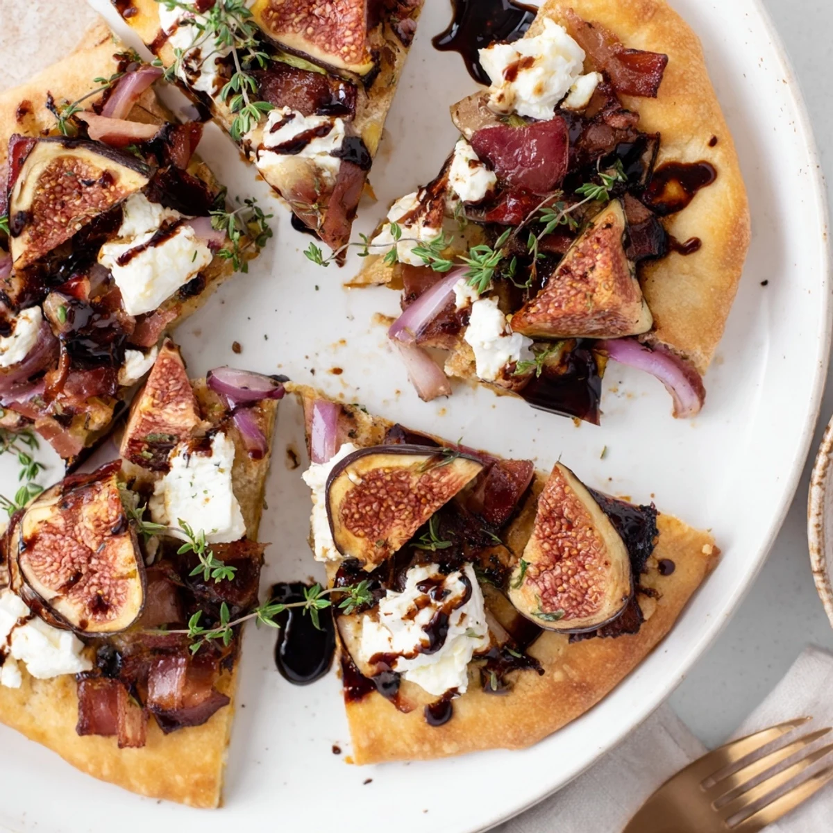 Roasted Balsamic Fig & Bacon Flatbread drizzled with rich balsamic glaze and fresh thyme.  