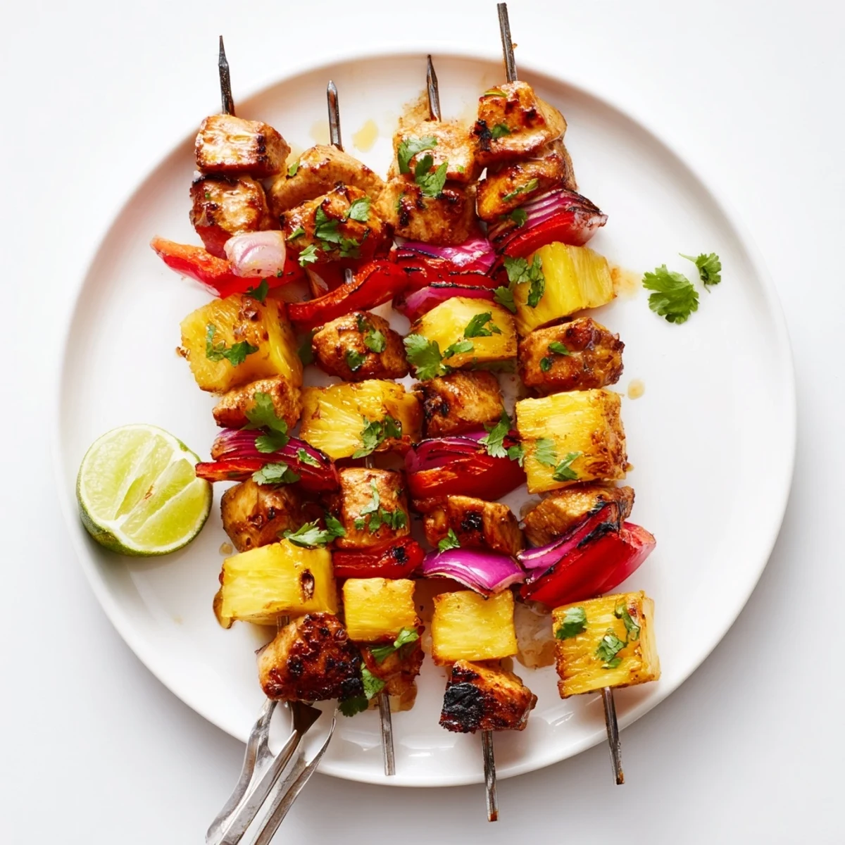 Juicy Sweet & Savory Pineapple Chicken Skewers grilled with colorful veggies and vibrant flavors.  