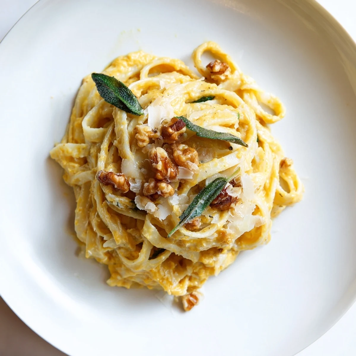 Hearty pumpkin pasta topped with crunchy walnuts and fragrant sage leaves.  