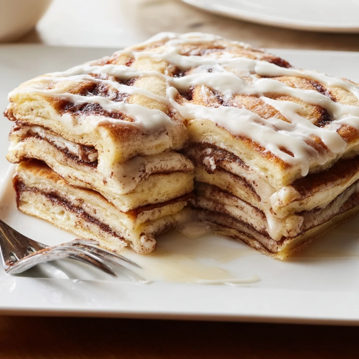 Decadent cinnamon roll pancake bake drizzled with creamy glaze, perfect for brunch.  