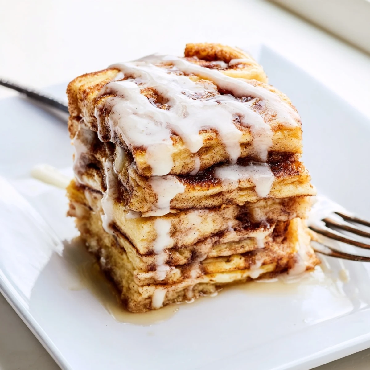 Fluffy cinnamon roll pancake bake oozing with cinnamon goodness and sweet frosting.