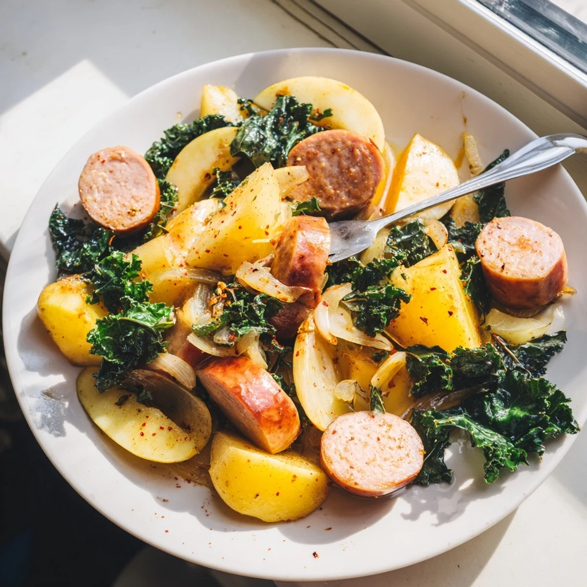 Hearty Spiced Apple & Kale Chicken Sausage Bake with vibrant colors and enticing aromas.
