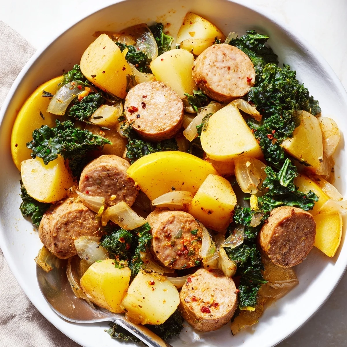 Delicious Spiced Apple & Kale Chicken Sausage Bake ideal for cozy autumn dinners.