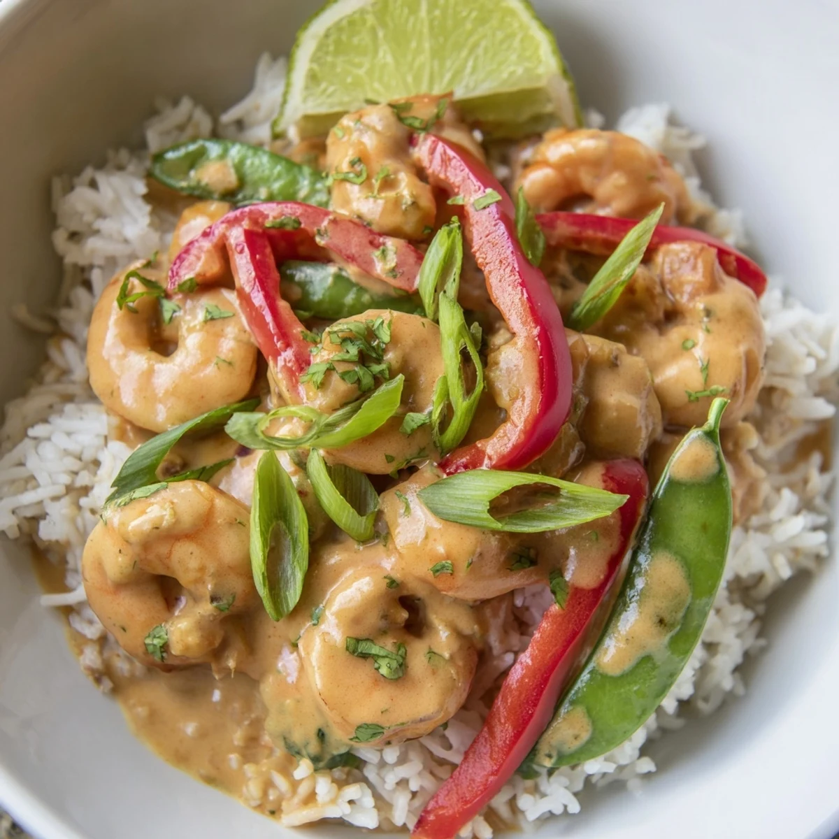 Succulent Coconut Curry Shrimp & Rice Bowl garnished with fresh cilantro and lime.  